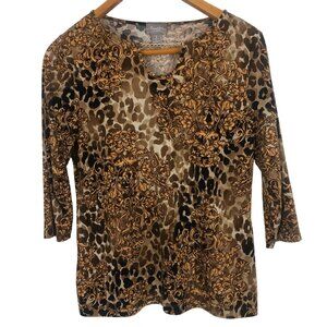 Chico's Travelers Animal Print Top Sz 1 (Medium) Baroque Brown Gold Chain Detail